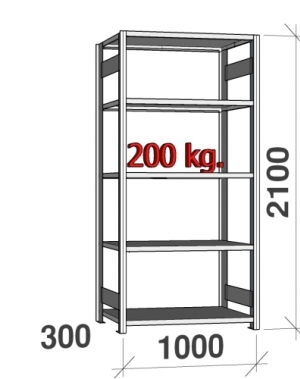 Lagerhylla startsektion 2100x1000x300 200kg/hyllplan,5 hyllor