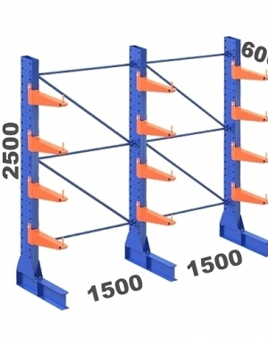 Enkelsidigt grenställ 3 st Pelare, 12 st Arm 600 mm/2500Hx3000Bx600D