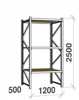 Lagerhylla startsektion 2500x1200x500 600kg/hyllplan,3 hyllor, spånskiva