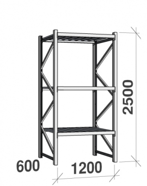 Lagerhylla startsektion 2500x1200x600 600kg/hyllplan,3 hyllor