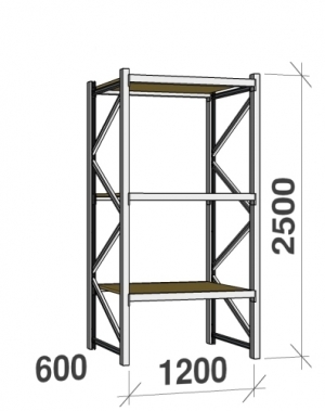 Lagerhylla startsektion 2500x1200x600 600kg/hyllplan,3 hyllor, spånskiva