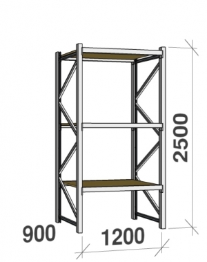 Lagerhylla startsektion 2500x1200x900 600kg/hyllplan,3 hyllor, spånskiva