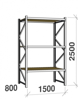 Lagerhylla startsektion 2500x1500x800 600kg/hyllplan,3 hyllor, spånskiva