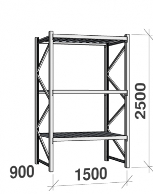 Lagerhylla startsektion 2500x1500x900 600kg/hyllplan,3 hyllor, zinkplåt