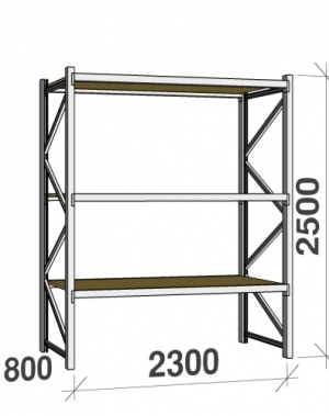 Lagerhylla startsektion 2500x2300x800 350kg/hyllplan,3 hyllor, spånskiva