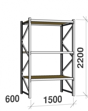 Lagerhylla startsektion 2200x1500x600 600kg/hyllplan,3 hyllor, spånskiva