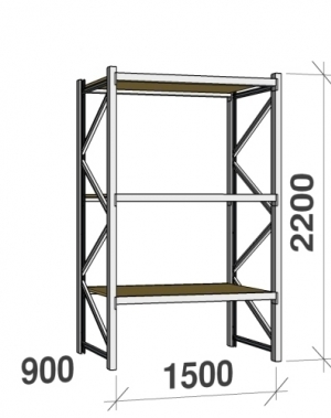 Lagerhylla startsektion 2200x1500x900 600kg/hyllplan,3 hyllor, spånskiva