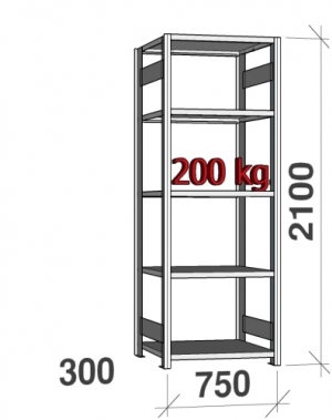 Lagerhylla startsektion 2100x750x300 200kg/hyllplan,5 hyllor