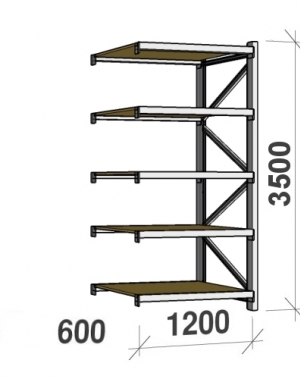 Lagerhylla följesektion 3500x1200x600 600kg/hyllplan 5 hyllor, spånskiva MAXI