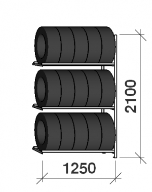 Däckställ följesektion 2100x1250x600, 3 hyllplan