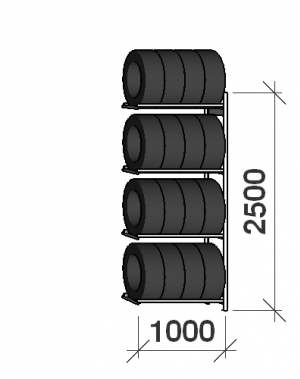 Däckställ följesektion 2500x1000x600, 4 hyllplan