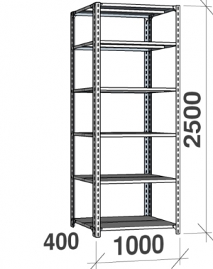 Metallhylla 2500x1000x400, 6 hyllor, 120kg/hyllplan, grå Gavel/Hyllplan galvad