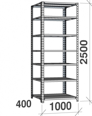 Metallhylla 2500x1000x400, 7 hyllor, 120kg/hyllplan, grå Gavel/Hyllplan galvad