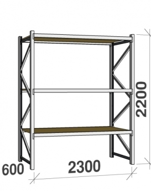 Lagerhylla startsektion 2200x2300x600 350kg/hyllplan,3 hyllor, spånskiva