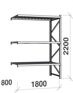 Lagerhylla följesektion 2200x1800x800 480kg/hyllplan 3 hyllor, zinkplåt