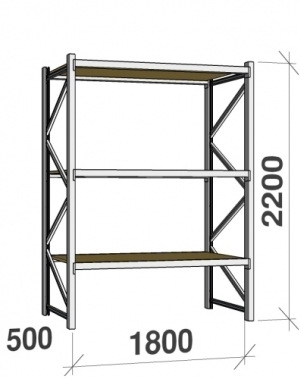 Lagerhylla startsektion 2200x1800x500 480kg/hyllplan,3 hyllor, spånskiva begagn