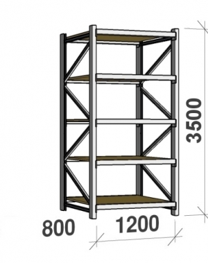 Lagerhylla startsektion 3500x1200x800 600kg/hyllplan,5 hyllor, spånskiva MAXI