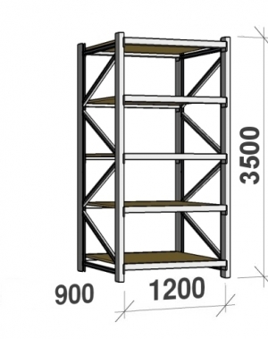 Lagerhylla startsektion 3500x1200x900 600kg/hyllplan,5 hyllor, spånskiva MAXI