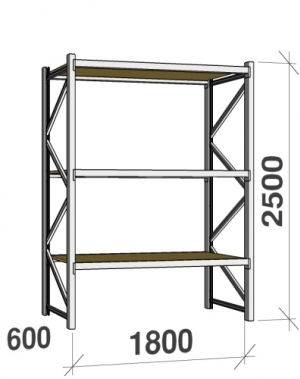 Lagerhylla startsektion 2500x1800x600 480kg/hyllplan,3 hyllor, spånskiva begagn.