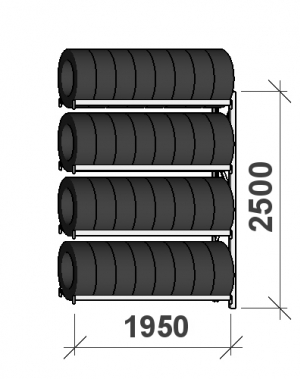 Däckställ följesektion 2500x1950x500, 4 hyllplan,440kg/plan