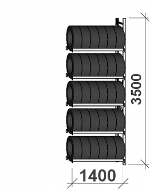 Däckställ följesektion 3500x1400x500, 5 hyllplan,500kg/plan MAXI