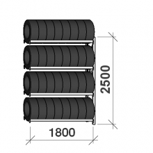 Däckställ följesektion 2500x1800x500, 4 hyllplan,480kg/plan