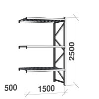 Lagerhylla följesektion 2500x1500x500 600kg/hyllplan 3 hyllor, zinkplåt