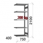 Lagerhylla följesektion 2100x750x400 200kg/hyllplan,5 hyllor