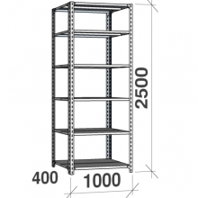 Metallhylla 2500x1000x400, 6 hyllor, 120kg/hyllplan, grå Gavel/Hyllplan galvad