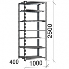 Metallhylla 2500x1000x400, 7 hyllor, 120kg/hyllplan, grå Gavel/Hyllplan galvad